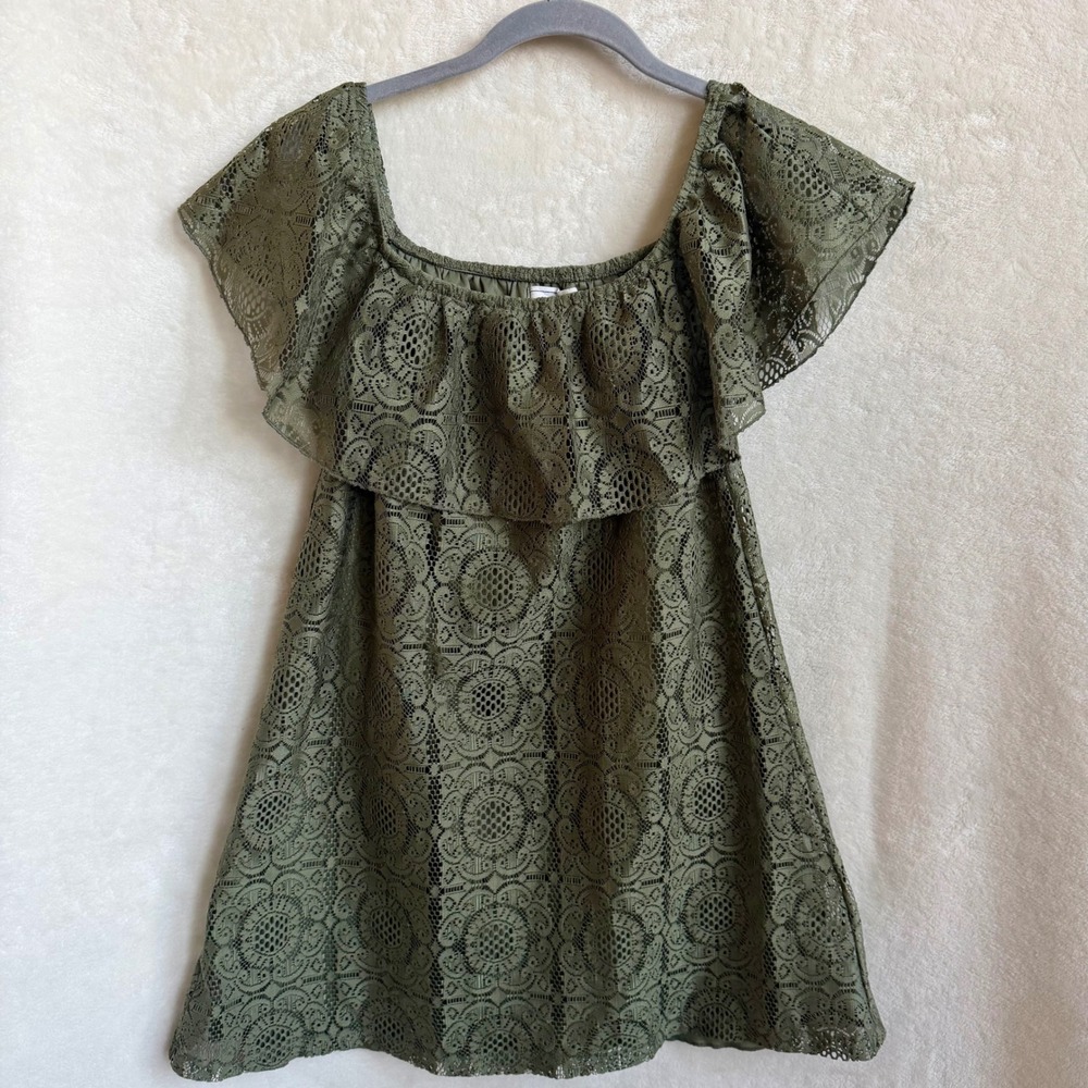 No Comment NY LA Womens Olive Green Crochet Lace Off Shoulder Mini Dress Sz M